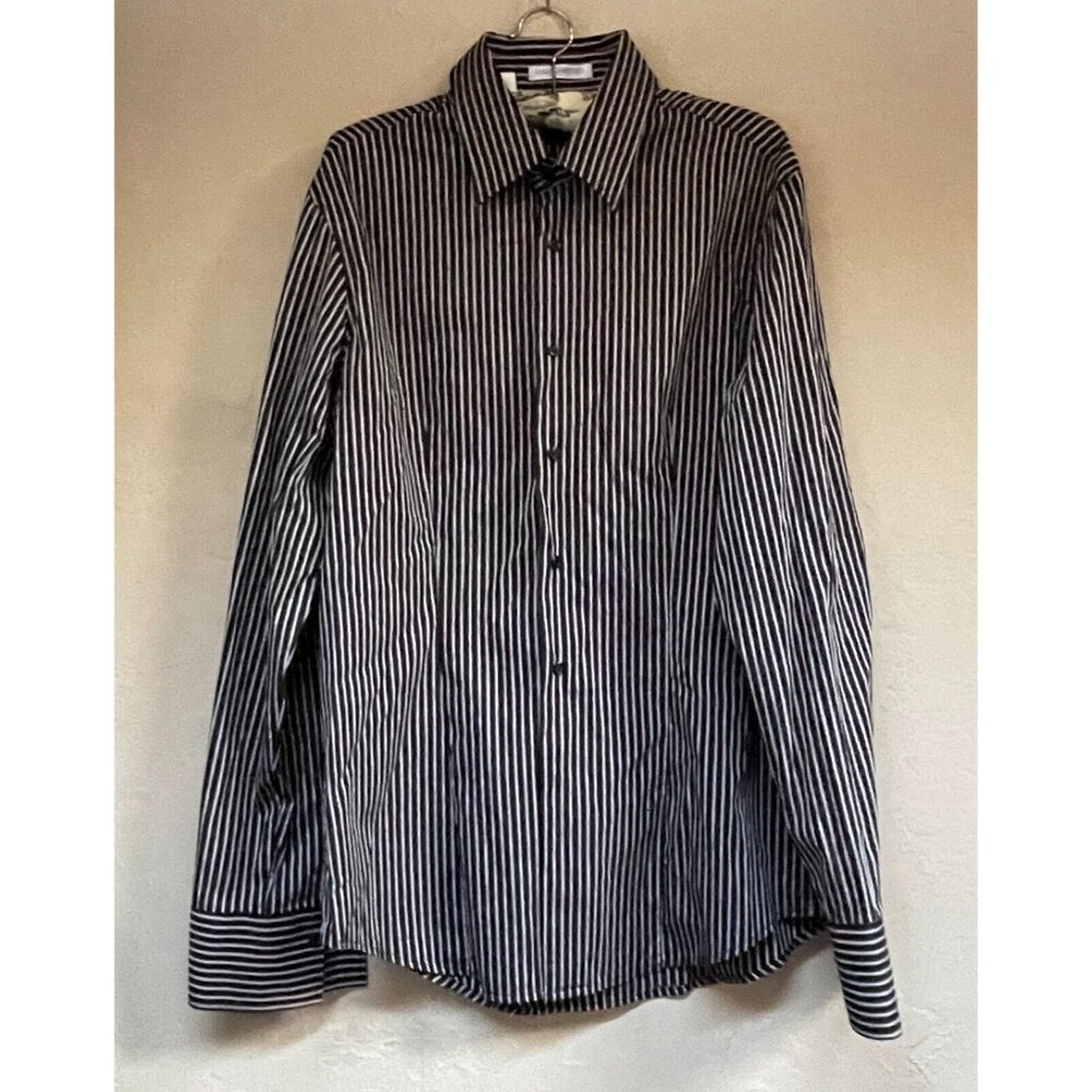 NaraCamicie Men's Shirt Striped Button Up Long Sleeve Large Black White Italy